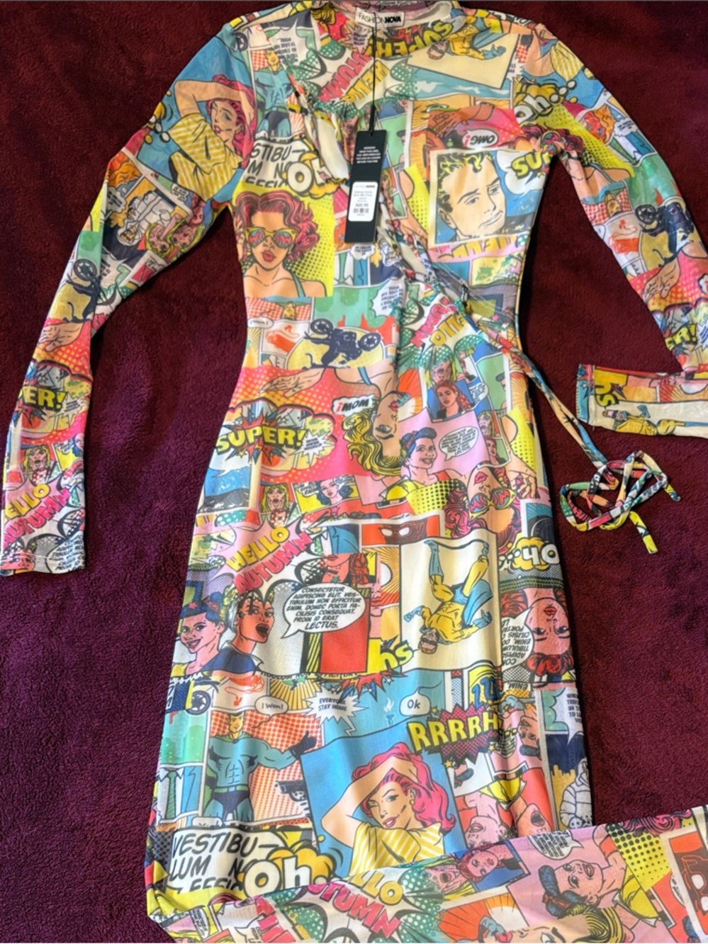 Fashion Nova Women’s Comic-Print Wrap Dress in Multicolor